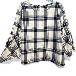 J.Crew Plaid Blouse Size 14 Navy Cream Bell Sleeve Top 3/4 Sleeve Preppy Classic